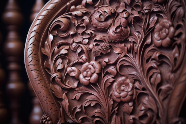 Close-up di intricate incisioni in legno su una sedia antica in mogano