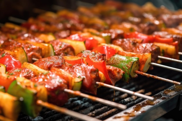 Close-up di kebab che vengono cotti con salsa sulla griglia creata con AI generativa