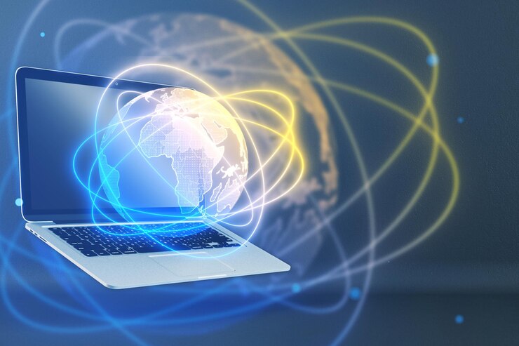 Foto close-up di laptop con ologramma creativo di globo luminoso su sfondo sfocato mappa metaverse e concetto di rete globale rendering 3d
