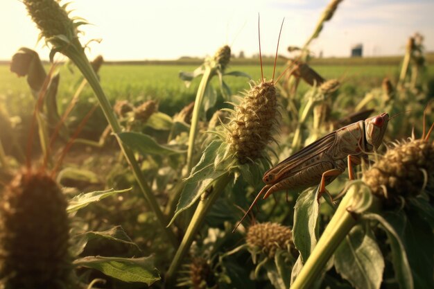 Close-up di locuste che divorano le colture in un campo creato con ai generativi
