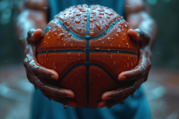 Close-up di mani che afferrano una palla da basket pronte per un lancio libero che simboleggia la concentrazione e la precisione nel