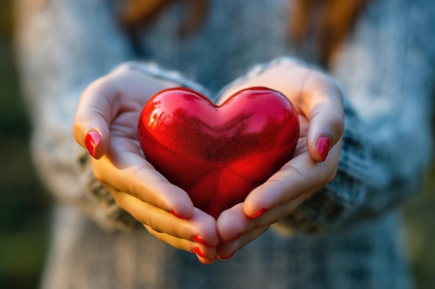 Close-up di mani che cullano un cuore rosso vibrante che rappresenta la cura, l'amore e la consapevolezza della salute
