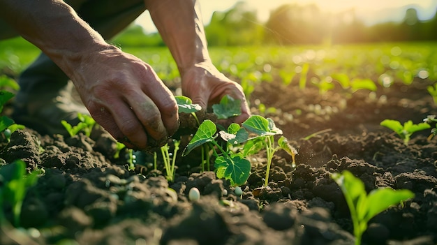 Close-up di mani che piantano piantine in suolo fertile concetto di agricoltura sostenibile immagine giardinaggio e crescita in terreni agricoli illuminati dal sole coltivazione di piante giovani AI