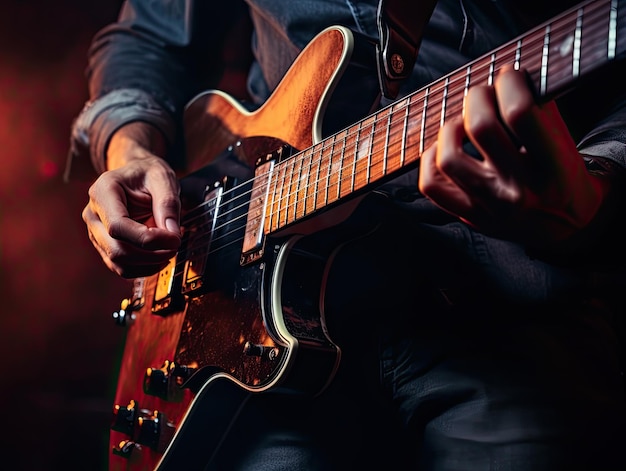 Close-up di mani che suonano una chitarra elettrica