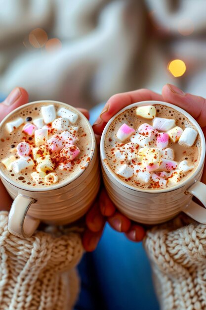 Close-up di mani che tengono calde tazze con cioccolato caldo e marshmallows durante l'inverno accogliente