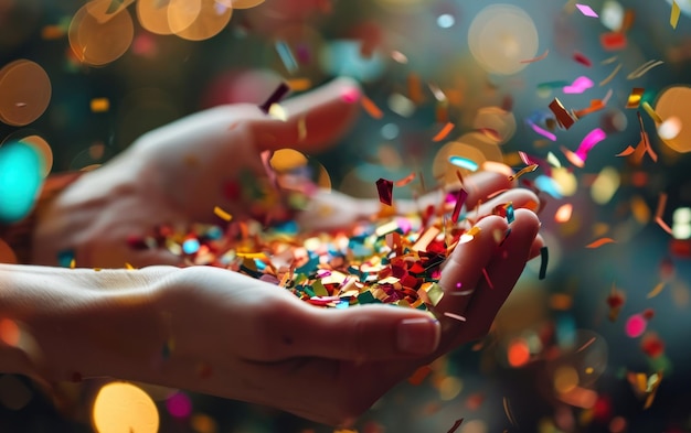 Close-up di mani che tengono un popper di festa pieno di confetti