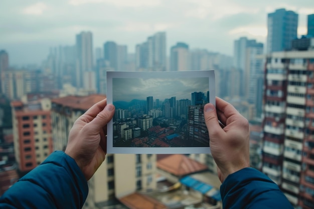 close up di mani che tengono una foto con l'immagine della città sullo sfondo della città concetto di viaggio