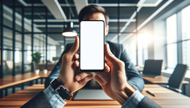 Close up di mani che tengono uno smartphone con uno schermo vuoto accanto a un portatile su una scrivania in legno ideale per la presentazione di app