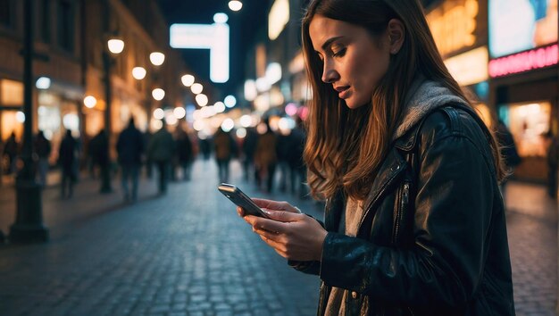 Close-up di mani di donne che scrivono un messaggio SMS tramite smartphone fuori donna hipster che si diverte la sera