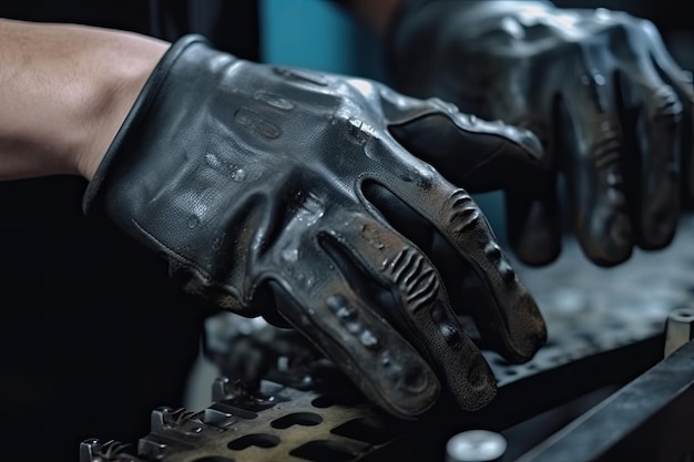 Close-up di mani di operai con guanti neri che lavorano sul motore di un'auto Una vista ravvicinata delle mani di un operaio di fabbrica in azione