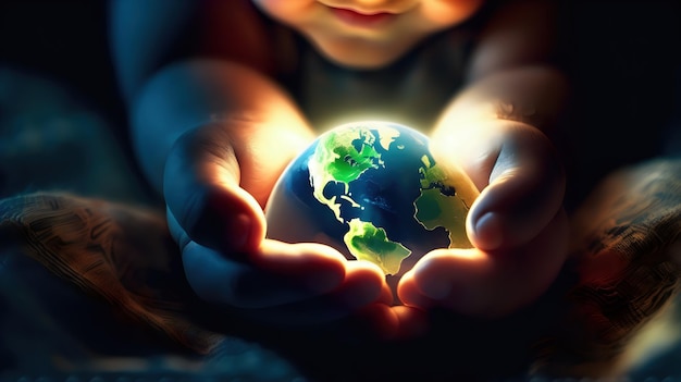 Close-up di mani di un bambino che coccolano delicatamente una Terra luminosa che simboleggia la speranza per il futuro