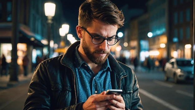 Close-up di mani di uomo che scrivono un messaggio SMS tramite smartphone fuori hipster uomo che si diverte la sera