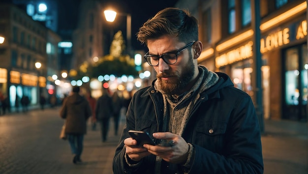 Close-up di mani di uomo che scrivono un messaggio SMS tramite smartphone fuori hipster uomo che si diverte la sera