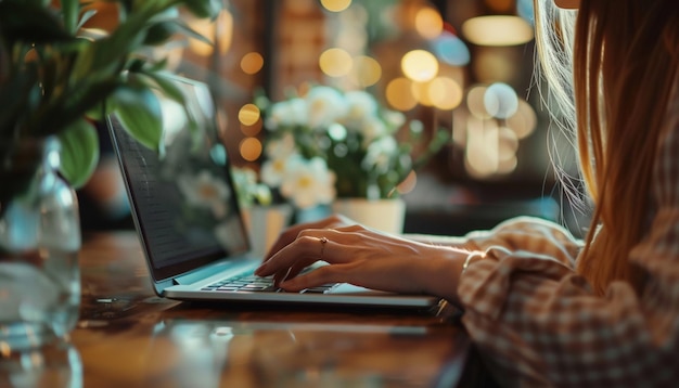 Close up di mani femminili che scrivono sulla tastiera del portatile al tavolo in un caffè