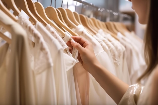 Close-up di mani femminili strappate a un appendiabiti che scelgono i vestiti in un negozio di abbigliamento