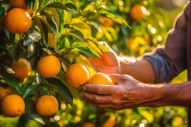 Close-up di mani maschili di agricoltori che raccolgono frutti di arance o mandarini Concepto di raccolta e coltivazione di alimenti biologici Generato da IA