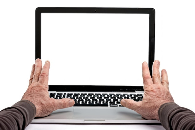 Close-up di mani maschili e laptop con schermo vuoto