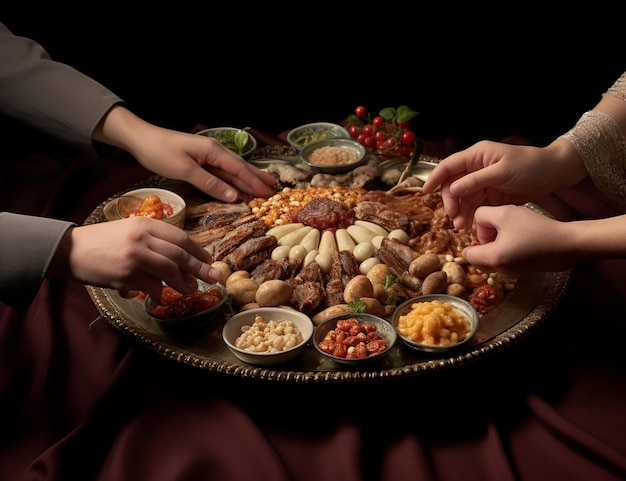 Close up di mani umane che servono cibo su un piatto sullo sfondo scuro