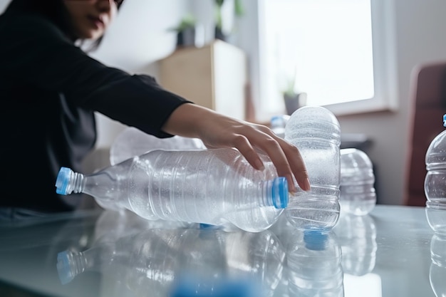 Close up di mano donna che mette una bottiglia di plastica vuota nel bidone del riciclaggio in cucina Donne in casa cucina che separano i rifiuti Diversi bidoni della spazzatura con sacchetti della spazzetta concetto di conservazione ambientale