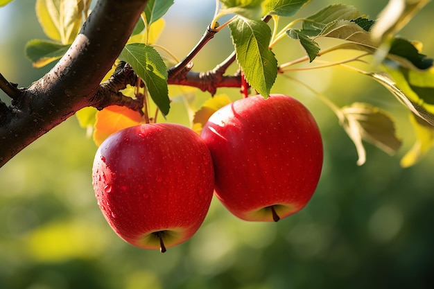 Close-up di mele rosse mature con raggi solari e frutteti di mele sullo sfondo generati dall'AI