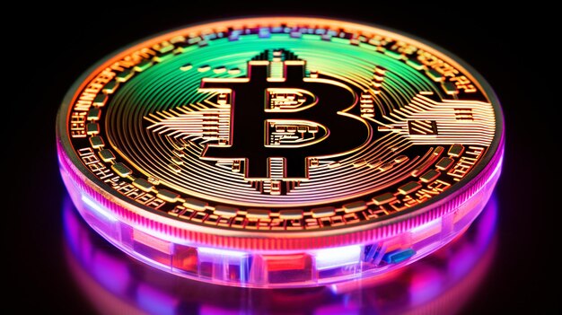 Close up di metallo luccicante monete di criptovaluta bitcoin in luce al neon generativa ai