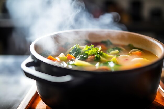 Close-up di minestrone nel vapore della pentola visibile