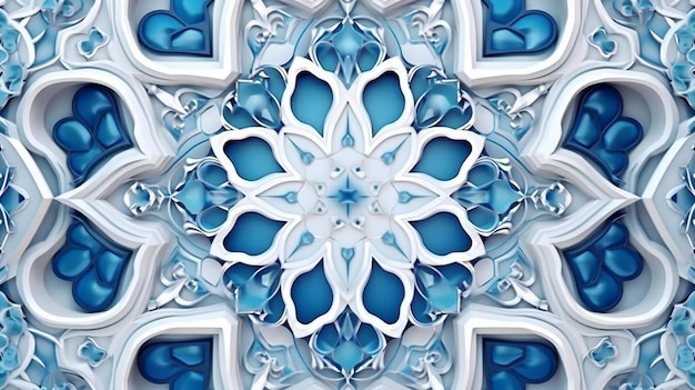 Close-up di modelli di piastrelle arabe decorative blu attraverso finestre bianche di moschee