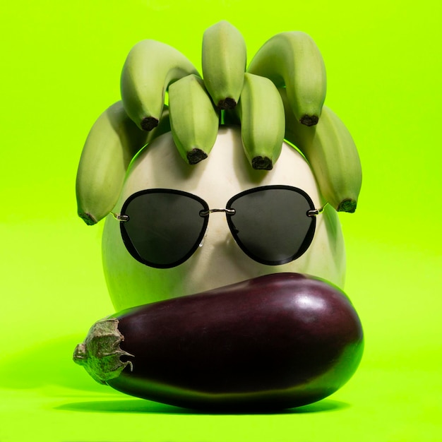 Close-up di occhiali da sole su frutta e verdura su sfondo verde