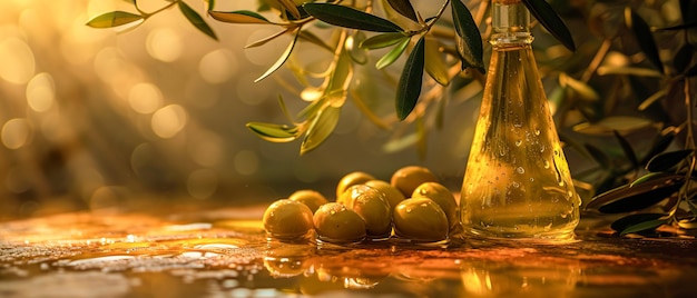 Close up di olive verdi naturali fresche con luce morbida all'alba in un'atmosfera accogliente