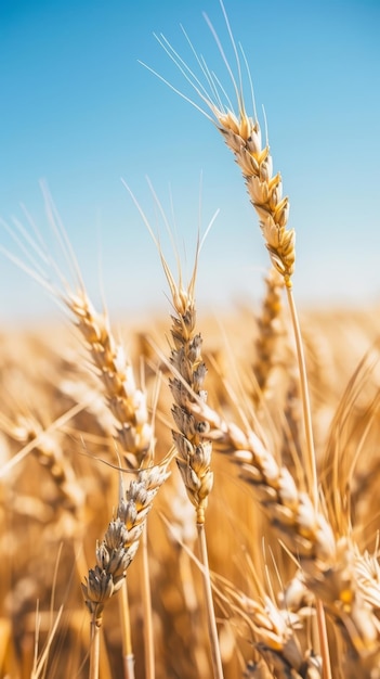 Close-up di orecchie d'oro di grano in un campo illuminato dal sole con un cielo blu limpido e nuvole bianche soffici sullo sfondo che catturano l'essenza di un raccolto abbondante