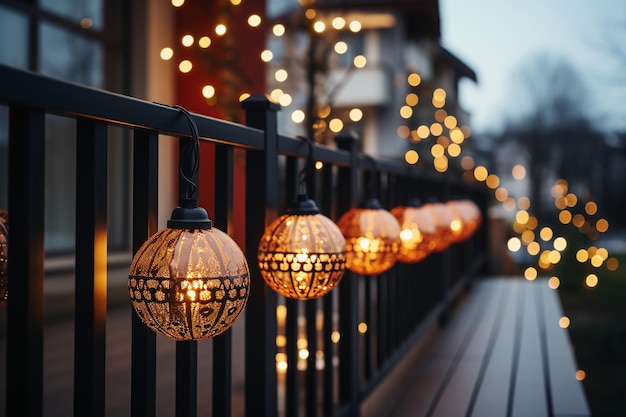 Close-up di palle di decorazione natalizia e ghirlanda di luci avvolte attorno alla ringhiera del balcone