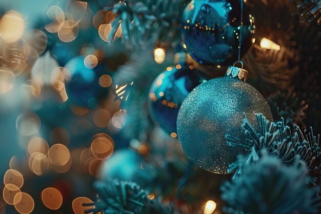 Close up di palle sull'albero di Natale Bokeh ghirlande sullo sfondo concetto di Capodanno