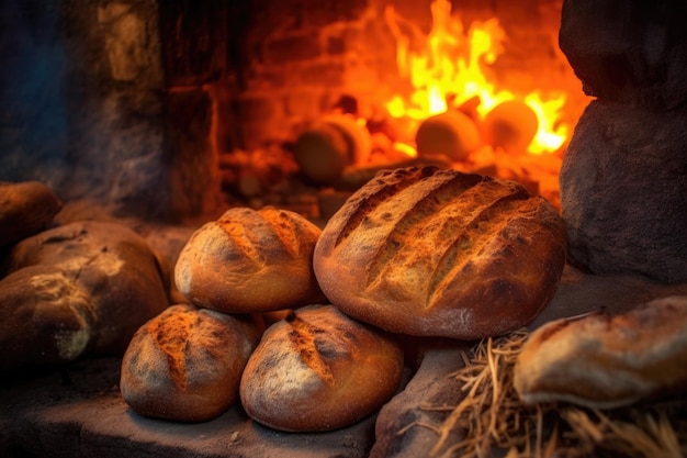 Close-up di pane appena cotto in forno di argilla creato con ai generativo