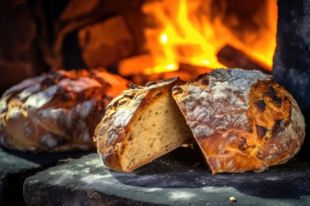 Close-up di pane artigianale croccante in forno di pietra creato con ai generativo