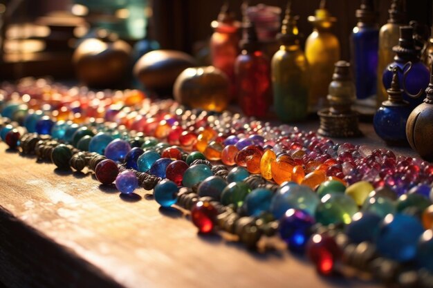 Close-up di perle di vetro colorate su un banco di lavoro creato con AI generativa