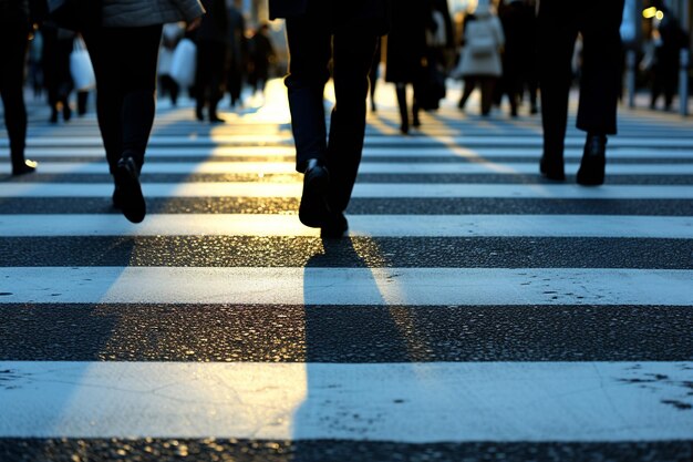 Close-up di persone che camminano su un passaggio pedonale in città di notte con AI generata