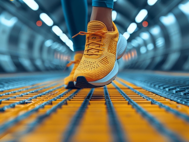 Close-up di persone con i piedi in scarpe da ginnastica gialle