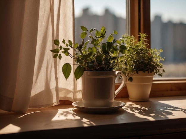 Close-up di piante in vaso sul davanzale della finestra con la luce solare