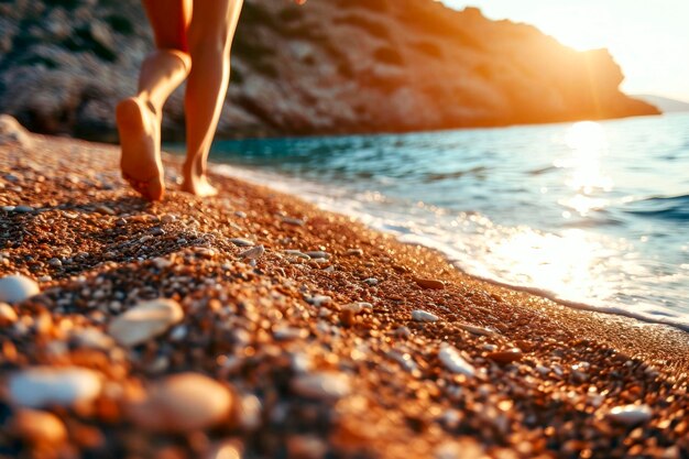 Close-up di piedi di donne che camminano sulla spiaggia di sabbia durante un tramonto dell'ora d'oro Viaggiare e rilassarsi in estate