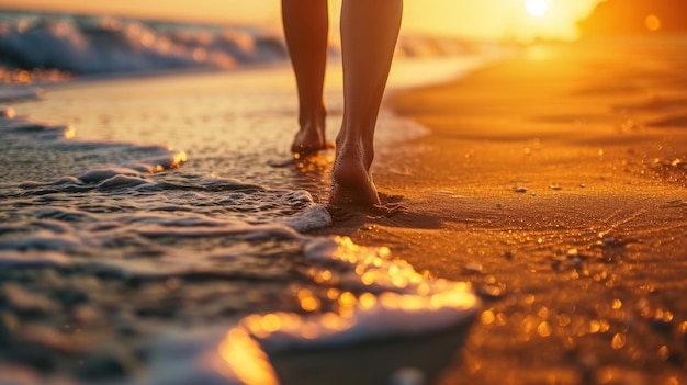 Close-up di piedi di donne che camminano sulla spiaggia di sabbia