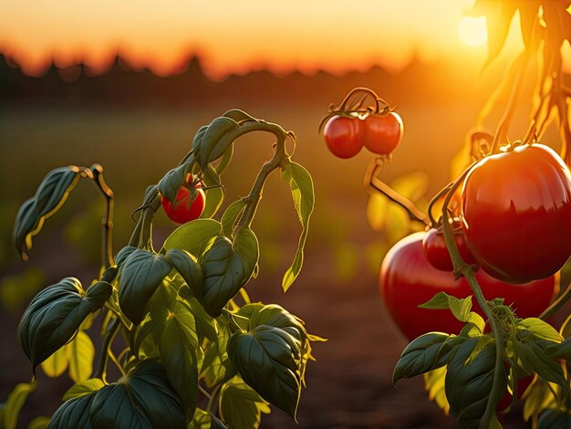 Close-up di pomodori maturi che crescono sul suolo nel campo generativo