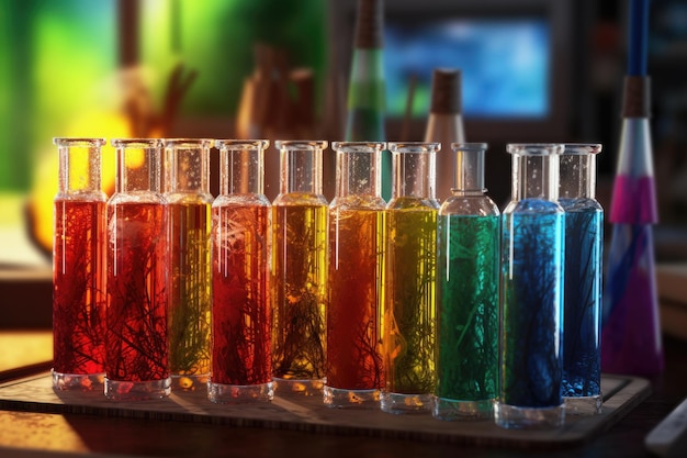 Close-up di proiettili con liquidi chimici colorati creati con ai generativi