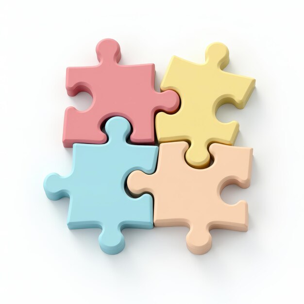 Close-up di quattro pezzi di puzzle colorati interconnessi su uno sfondo bianco
