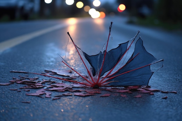 Close-up di raggi di ombrello rotti e tessuto strappato su pavimento bagnato creato con ai generativo