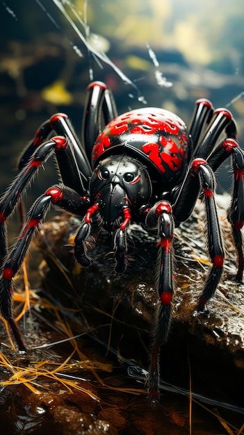 Close-up di ragno rosso e nero sulla roccia AI generativa