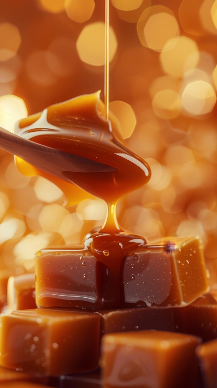 Close-up di ricchi e lucidi cubi di caramello accuratamente impilati con uno sciroppo liscio che piove sopra di loro
