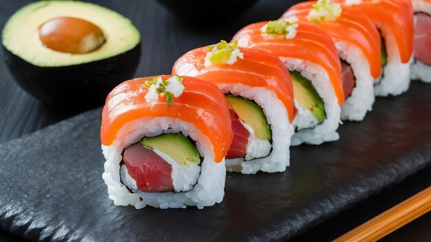 Close-up di rotoli di sushi al tonno con avocado