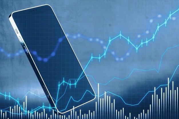 Close-up di smartphone con grafico aziendale in crescita creativa sullo sfondo sfocato della griglia Crescita finanziaria e concetto di strategia Esposizione doppia