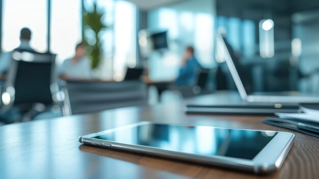 Close-up di smartphone e tablet in una sala riunioni dell'ufficio Gruppo di persone d'affari che interagiscono sullo sfondo