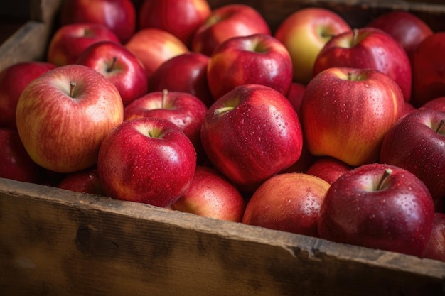 Close-up di succose mele rosse in una cassa di legno rustica creata con ai generativo